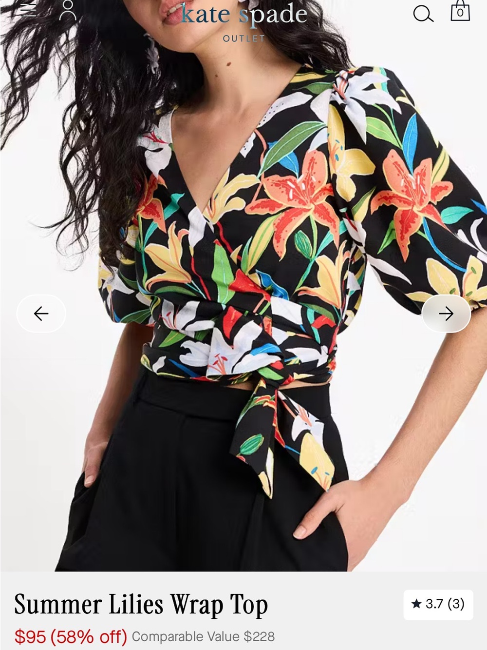 EUC Kate Spade Summer Lilies Wrap Top Size Large Black Multicolor Floral - Picture 3 of 7